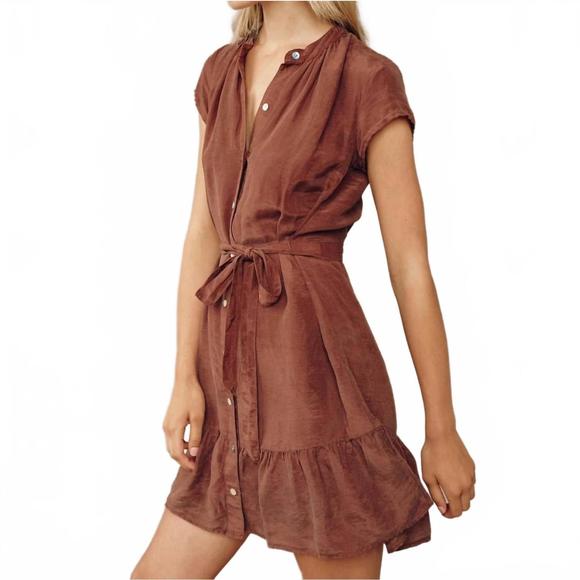 NEW BELLA DAHL cap sleeve ruffle hem shirt dress in casablanca brown - Picture 2 of 4